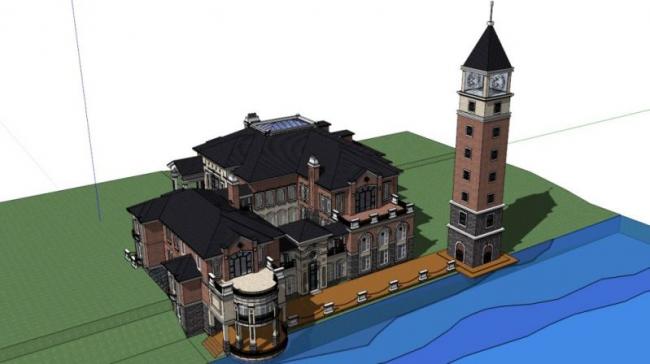 Sketchup文化模型|多层活动中心，带钟塔，文化建筑，古典风格