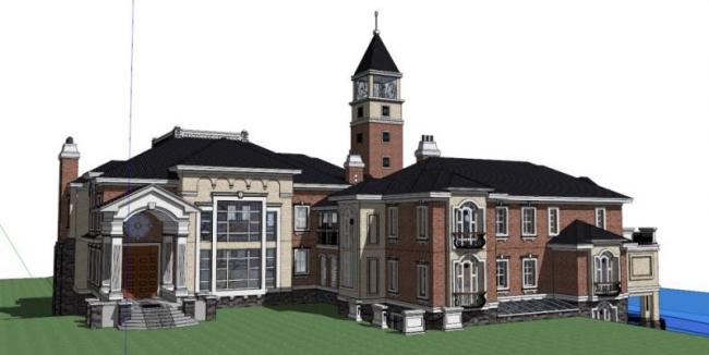 Sketchup文化模型|多层活动中心，带钟塔，文化建筑，古典风格