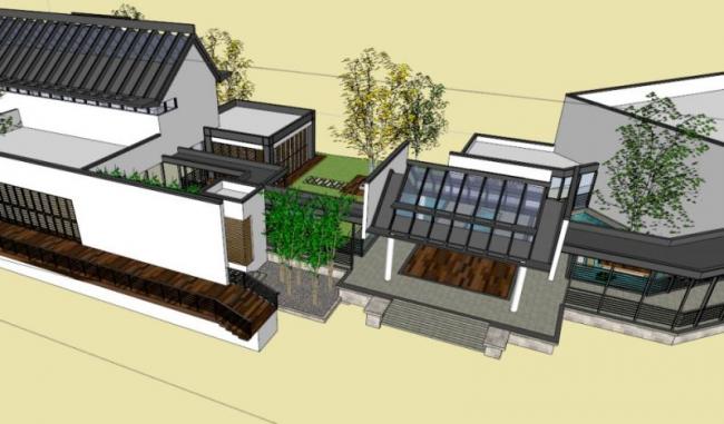 Sketchup商业模型|低层会所，现代中式风格