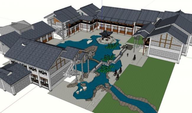 Sketchup住宅模型|多层住宅，徽派庭院式建筑，居住建筑，新中式风格