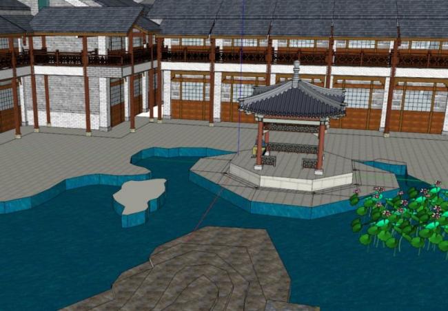 Sketchup住宅模型|多层住宅，徽派庭院式建筑，居住建筑，新中式风格