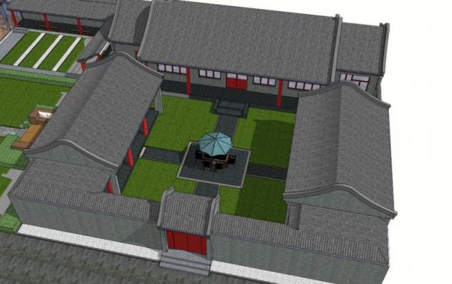 Sketchup住宅模型|多层四合院，带内院，居住建筑，中式风格