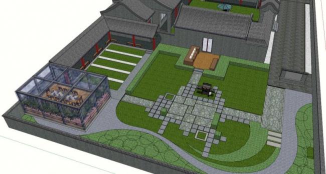 Sketchup住宅模型|多层四合院，带内院，居住建筑，中式风格