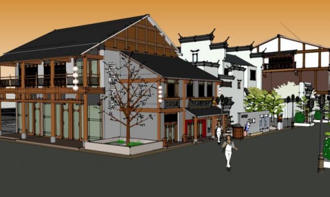 Sketchup商业模型|多层徽派商业街，现代中式