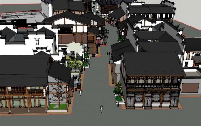 Sketchup商业模型|多层徽派商业街，现代中式