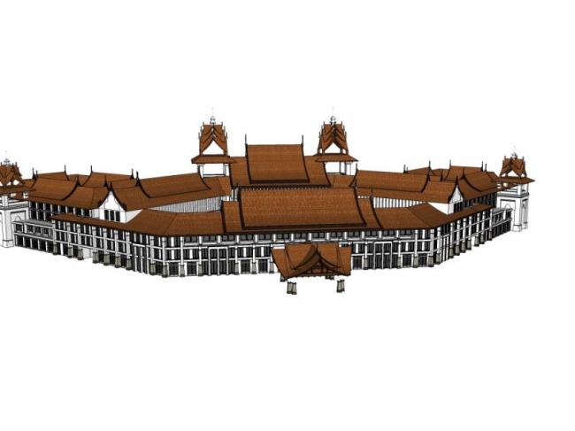 Sketchup商业模型|多层商业街，东南亚风格，多重坡屋顶