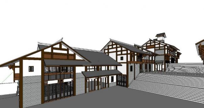 Sketchup商业模型|商业街，现代中式风格