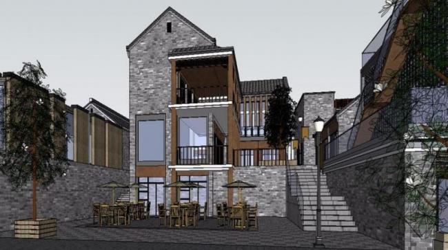 Sketchup商业模型|商业街，现代中式风格