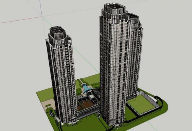 Sketchup办公模型|超高层办公楼，底层商业，现代风格