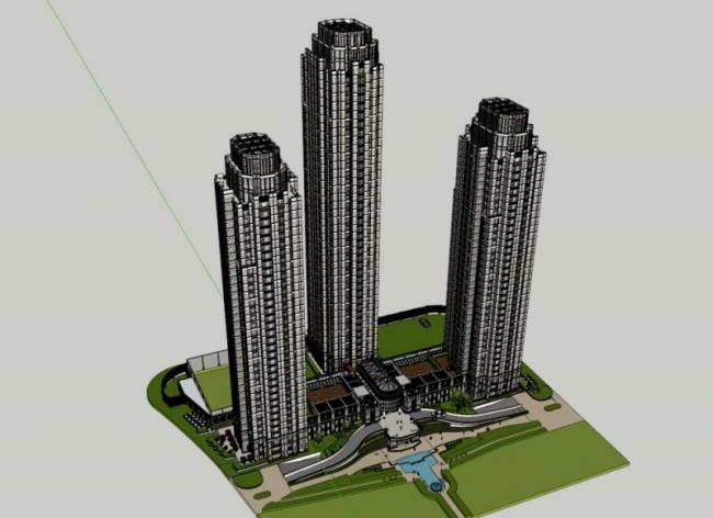 Sketchup办公模型|超高层办公楼，底层商业，现代风格