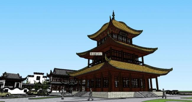 Sketchup酒店模型|多层徽派酒店，中式风格