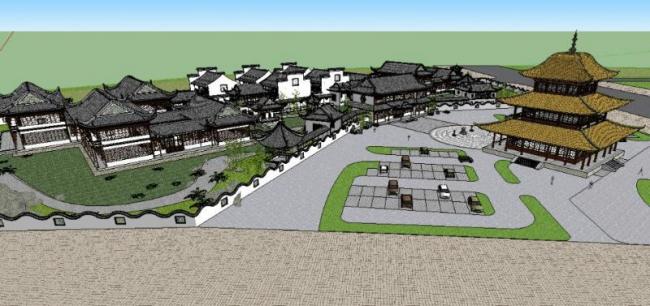 Sketchup酒店模型|多层徽派酒店，中式风格