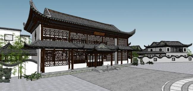 Sketchup酒店模型|多层徽派酒店，中式风格