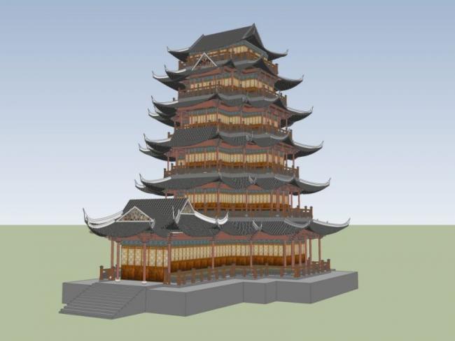 Sketchup古建筑模型|多层寺庙塔楼，古寺古庙，古建筑，中式风格
