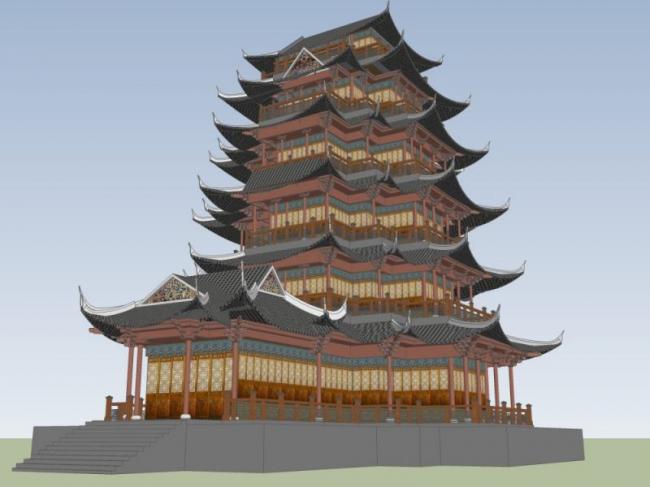 Sketchup古建筑模型|多层寺庙塔楼，古寺古庙，古建筑，中式风格