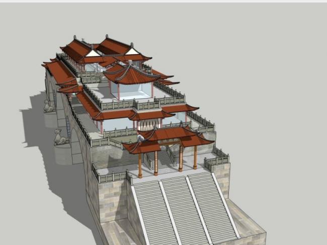 Sketchup古建筑模型|多层廊桥，中式风格，古建