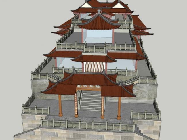 Sketchup古建筑模型|多层廊桥，中式风格，古建