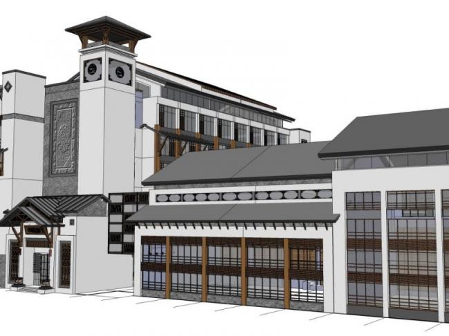 Sketchup办公模型|多层办公楼群，中式风格