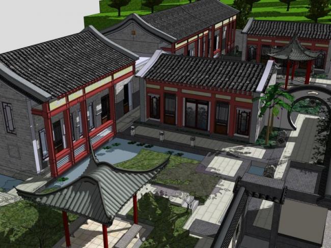 Sketchup古建筑模型|多层古建，中式风格，庭院