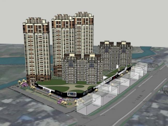 Sketchup综合体模型|多高层城市综合体，住宅，底层商业，古典风格