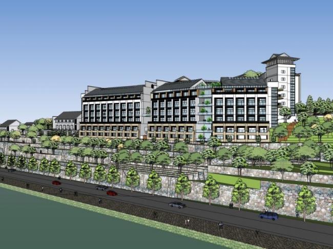 Sketchup酒店模型|多层山地酒店，中式风格