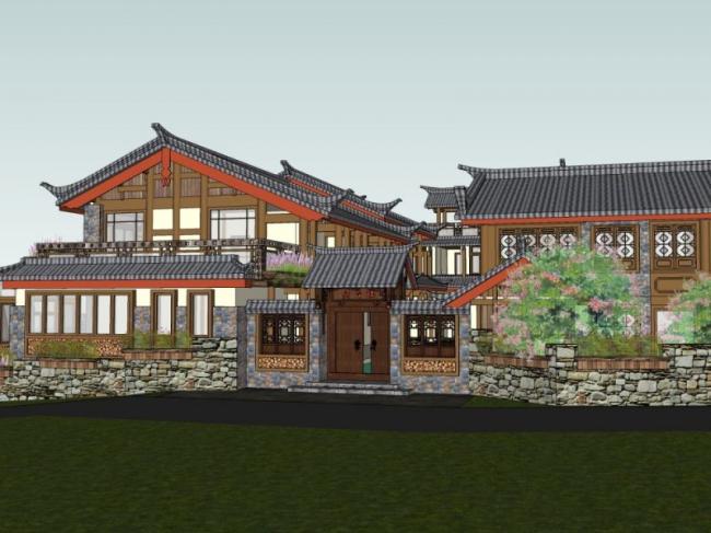 Sketchup酒店模型|多层旅馆，中式风格