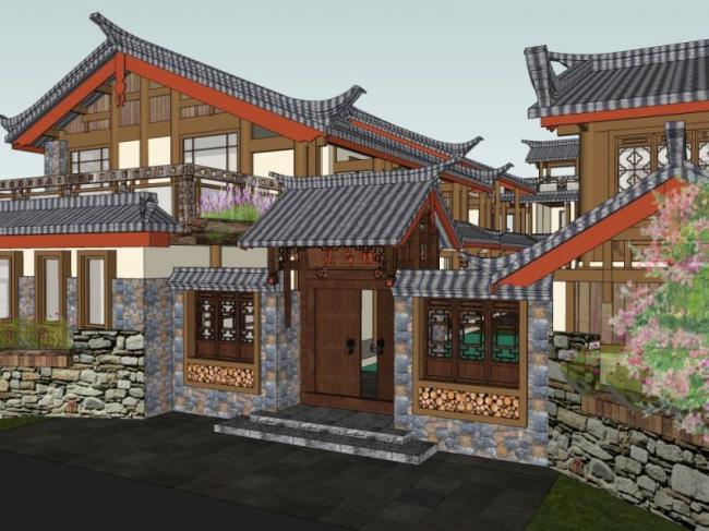 Sketchup酒店模型|多层旅馆，中式风格