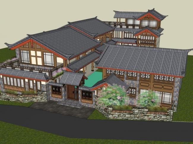 Sketchup酒店模型|多层旅馆，中式风格