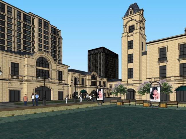 Sketchup综合体模型|多高层商业综合体，住宅，办公，古典风格