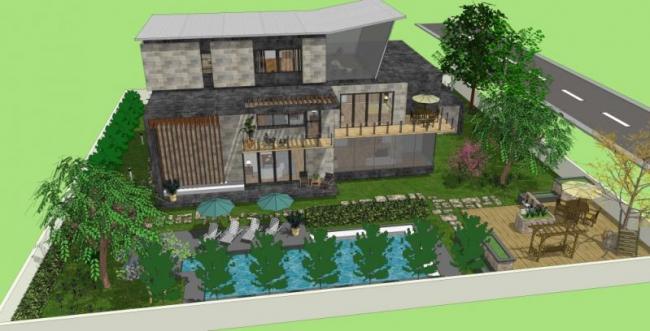 Sketchup景观模型|别墅庭院景观，现代风格