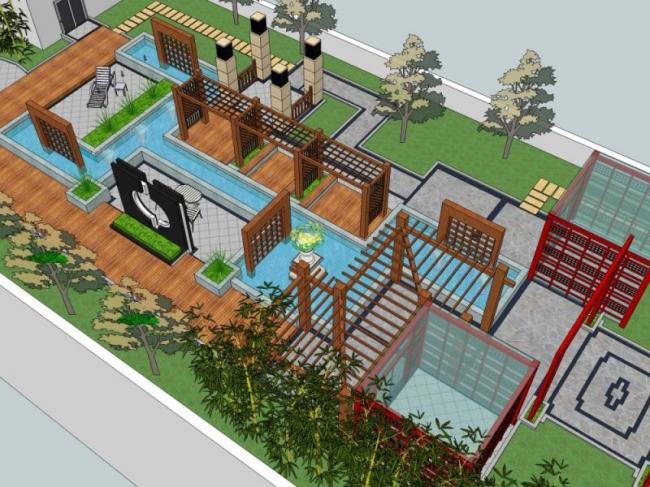 Sketchup景观模型|屋顶花园景观，新中式风格