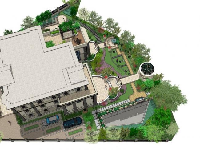 Sketchup景观模型|别墅庭院景观，古典风格