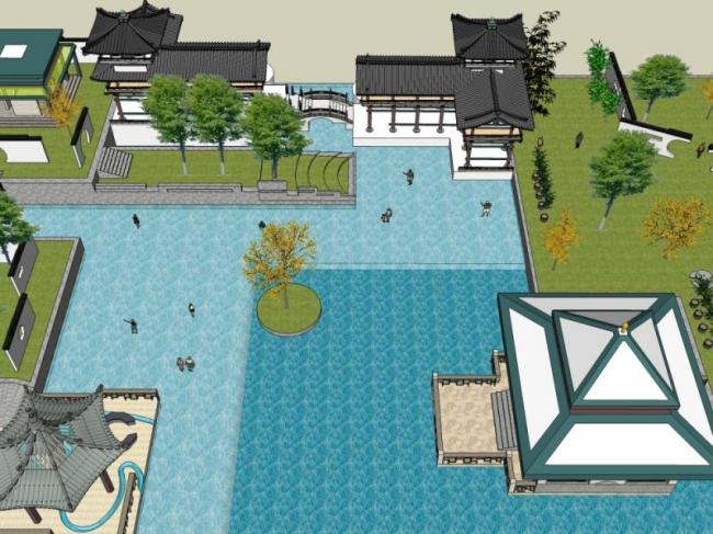 Sketchup景观模型|嬉水公园景观，滨水景观，新中式风格