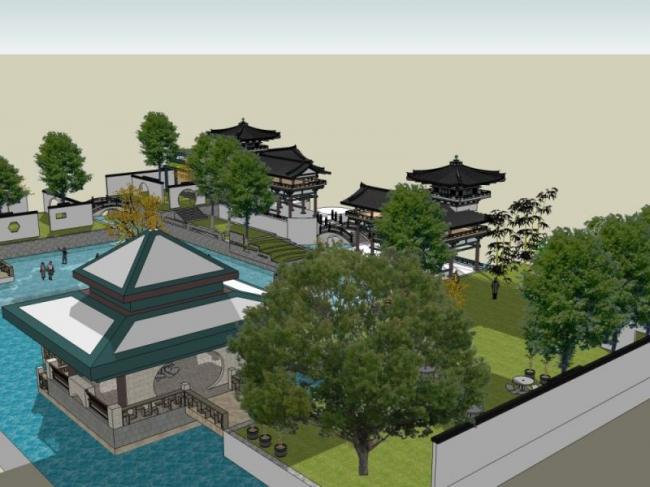 Sketchup景观模型|嬉水公园景观，滨水景观，新中式风格