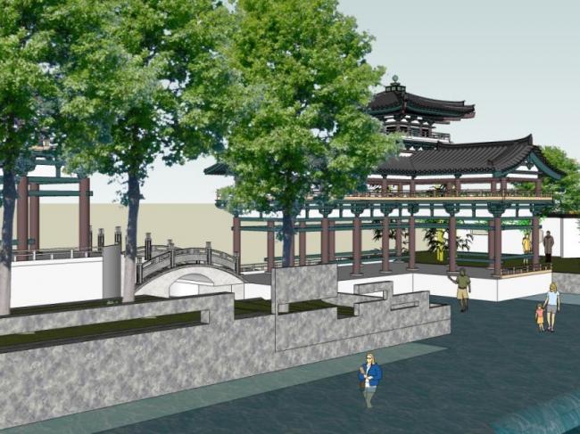 Sketchup景观模型|嬉水公园景观，滨水景观，新中式风格