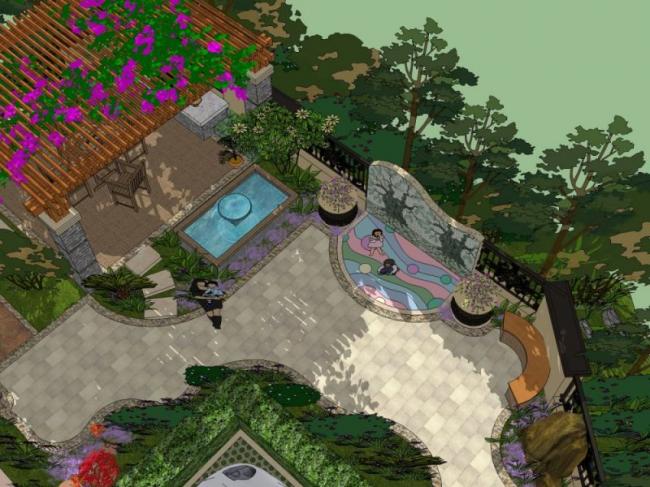 Sketchup景观模型|别墅庭院景观，庭院景观，现代风格