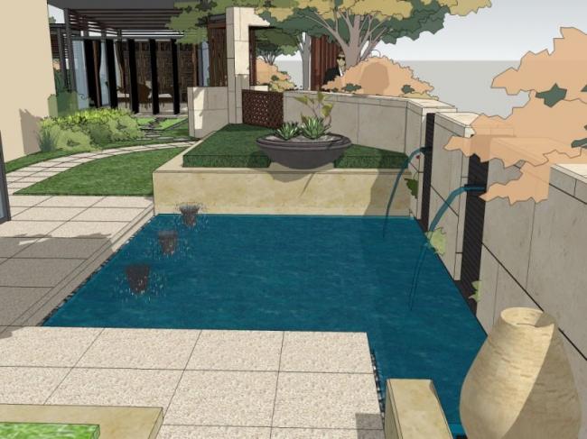 Sketchup景观模型|庭院花园景观，现代风格