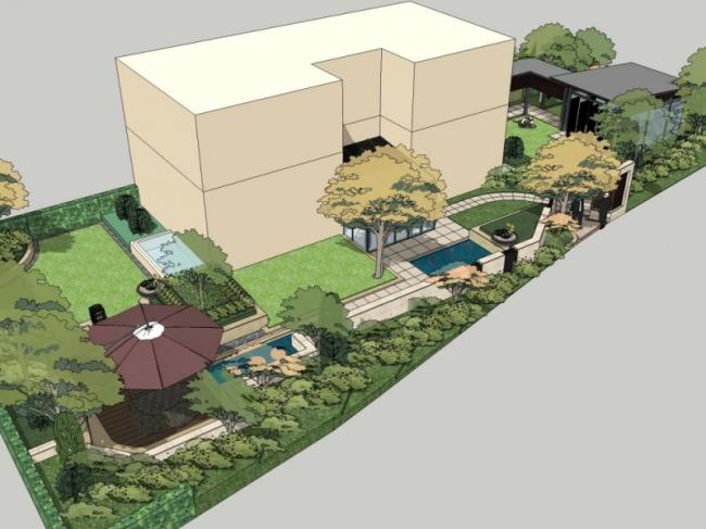 Sketchup景观模型|庭院花园景观，现代风格