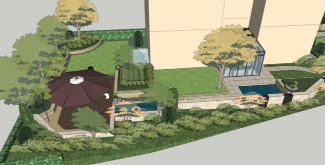 Sketchup景观模型|庭院花园景观，现代风格