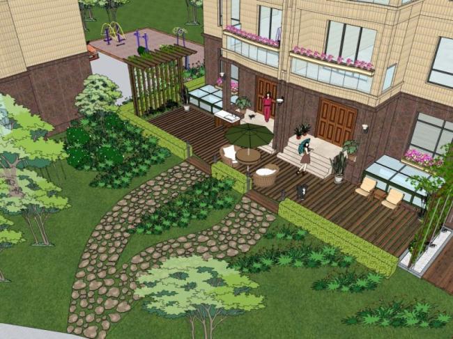 Sketchup景观模型|别墅庭院景观，现代风格