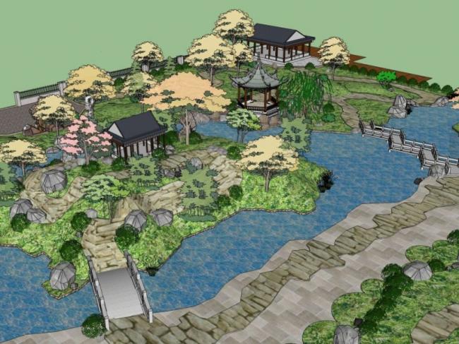 Sketchup景观模型|园林景观，中式园林，中式风格