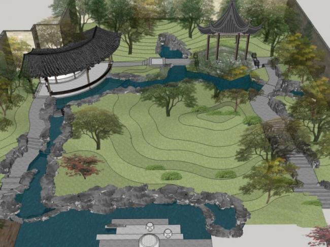 Sketchup景观模型|庭院花园景观，中式风格