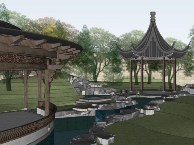 Sketchup景观模型|庭院花园景观，中式风格