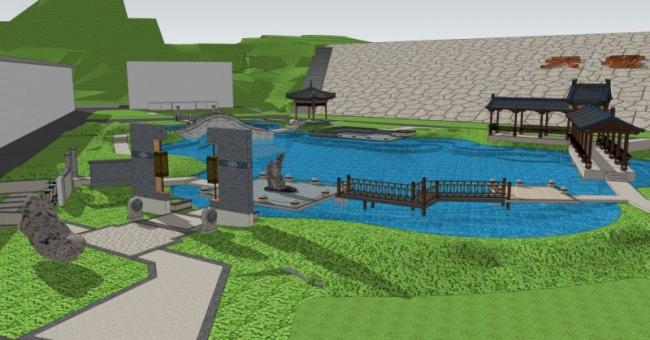 Sketchup景观模型|水库景观，滨水景观，中式风格