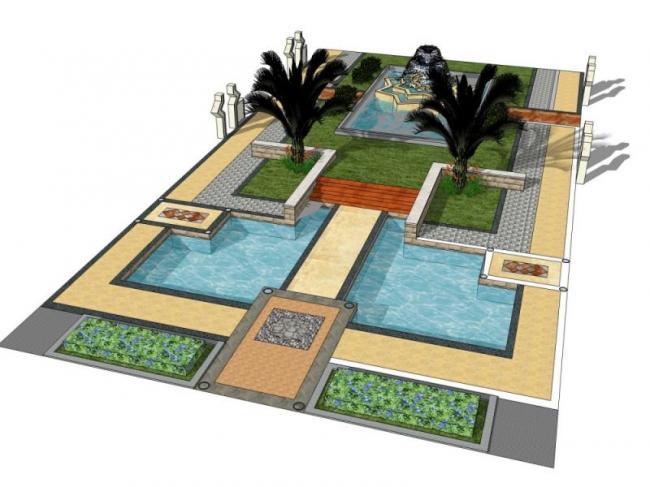 Sketchup景观模型|中心庭院景观，古典风格