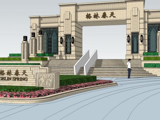 Sketchup景观模型|广场景观，入口，古典风格