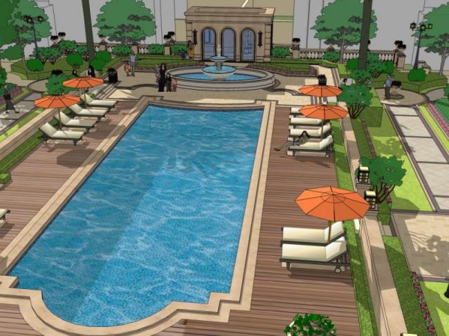 Sketchup景观模型|泳池景观，古典风格