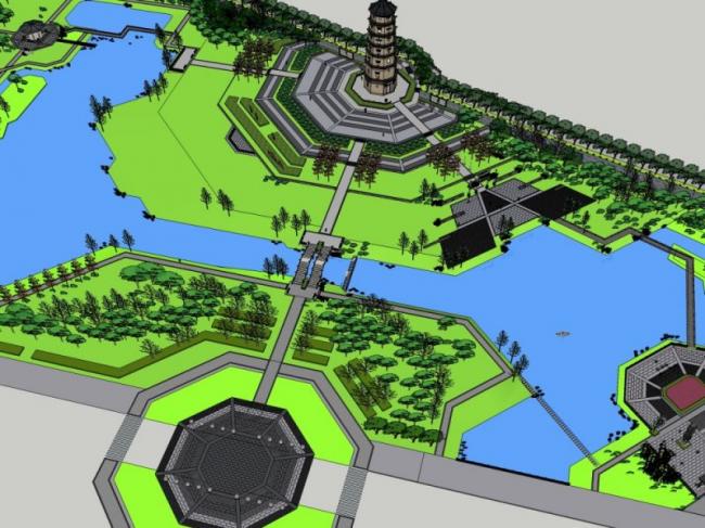 Sketchup景观模型|公园景观，中式风格