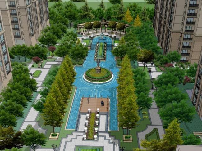 Sketchup景观模型|小区景观，住宅景观，古典风格