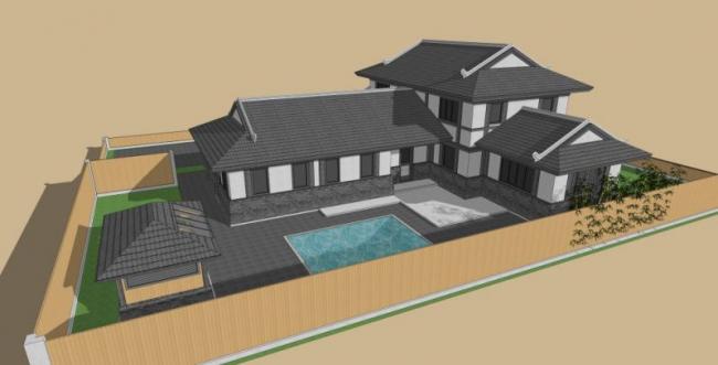Sketchup景观模型|别墅景观庭院景观，中式风格